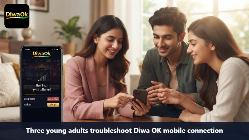 Three young adults troubleshoot Diwa OK mobile connection