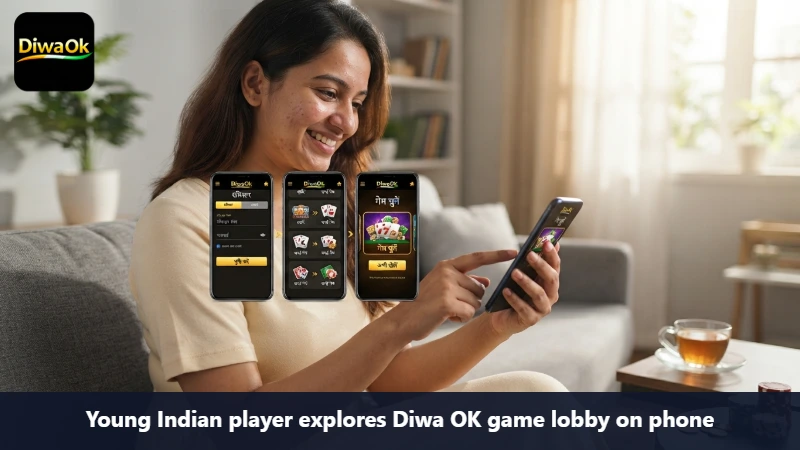 Young Indian player explores Diwa OK game lobby on phone