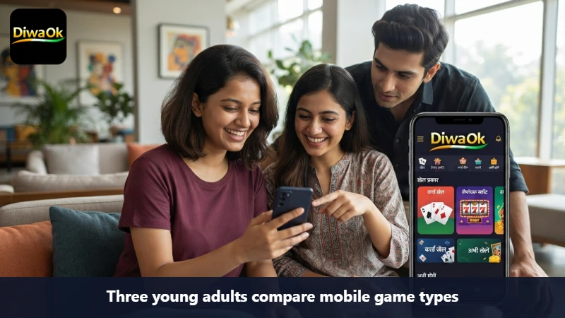 Three young adults compare mobile game types
