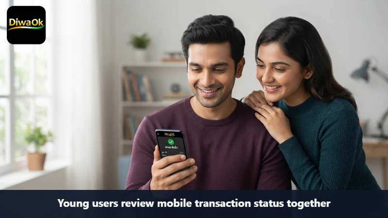 Young users review mobile transaction status together